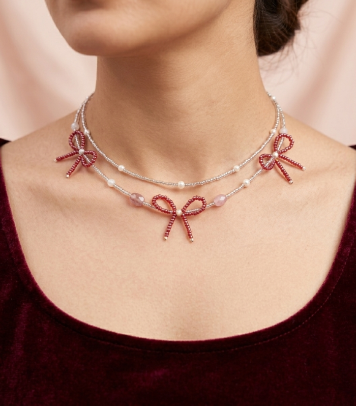 Red Bow Pendant Necklace Aazuvi