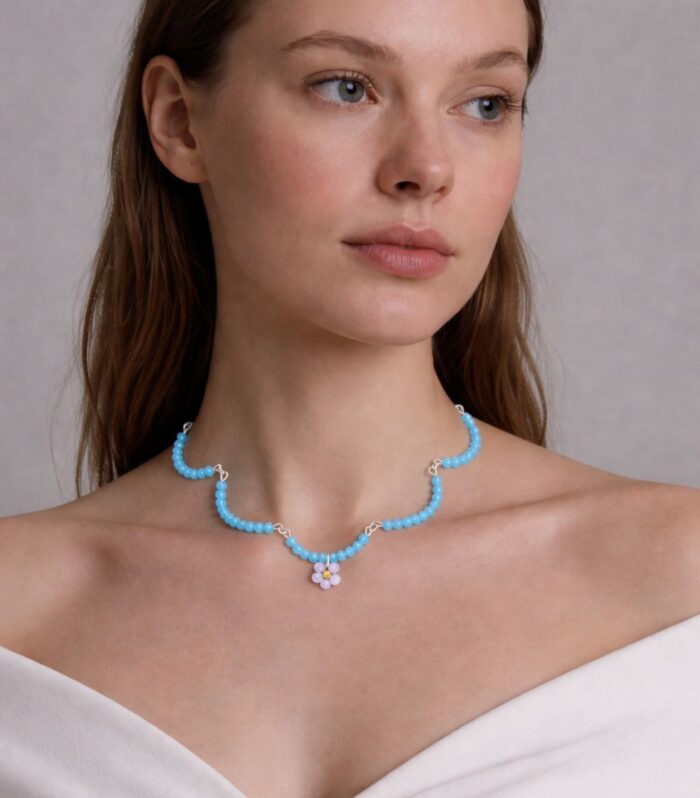 Blue Floral Beaded Necklace Aazuvi